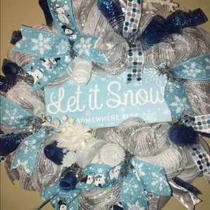 Let it Snow Handmade holiday Wreath snowman teal